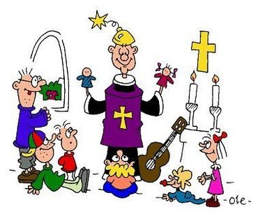 Sjov tegning af præst og flere ting fra kirken, samt børn der kigger op på præsten.